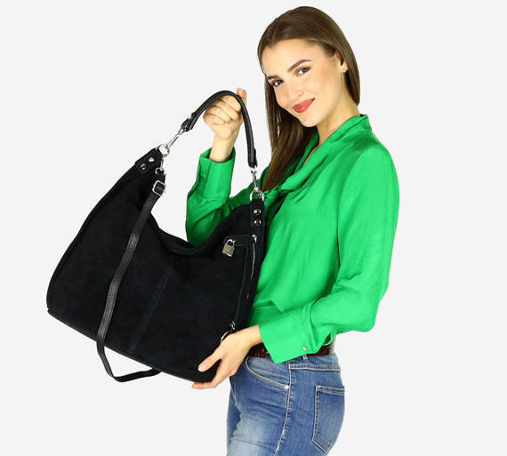 Skórzana torebka damska na ramię zamszowa czarna - MARCO MAZZINI s92aa